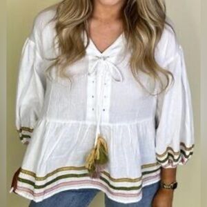 Easel Pleat Peach Blossom Puff Sleeve Top, Size S